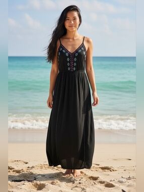 Japna Black Maxi Dress with Pink and Teal Embroidery